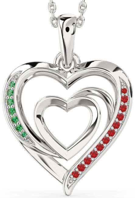 Emerald & Ruby Silver Heart Necklace