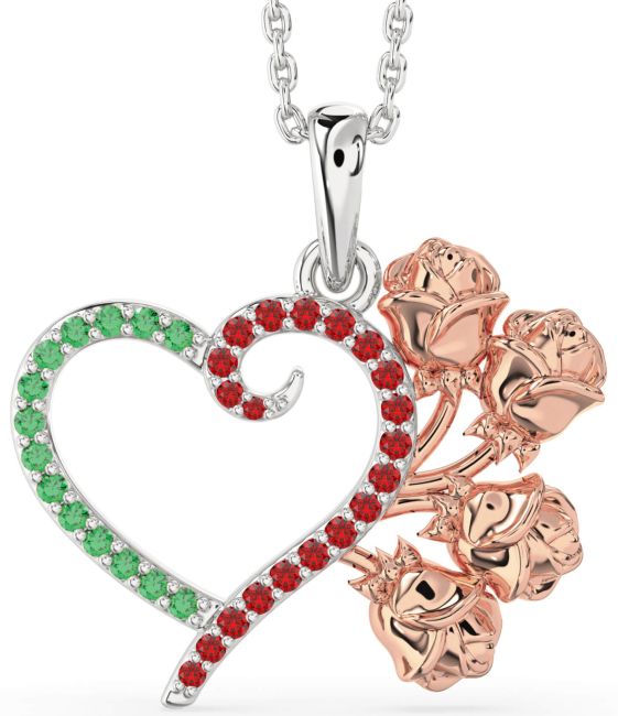 Large Emerald & Ruby Platinum & Rose Gold Heart Flower Necklace