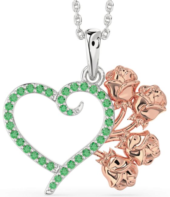 Large Emerald Rose Gold Silver Heart Flower Necklace
