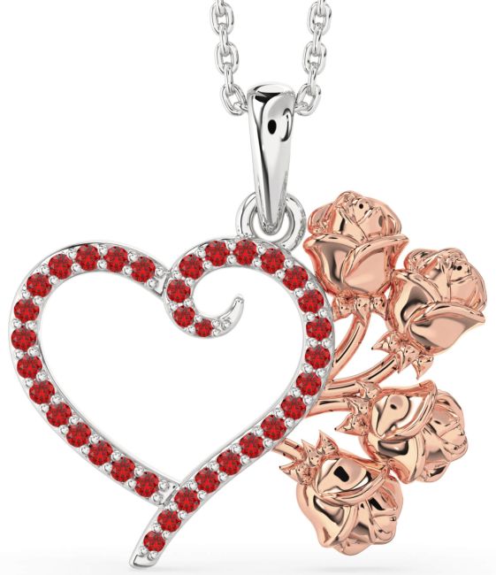 Large Ruby Platinum & Rose Gold Heart Flower Necklace