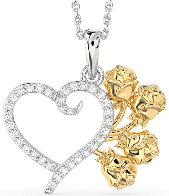 Large Diamond Silver & 10K gold Heart Flower Necklace
