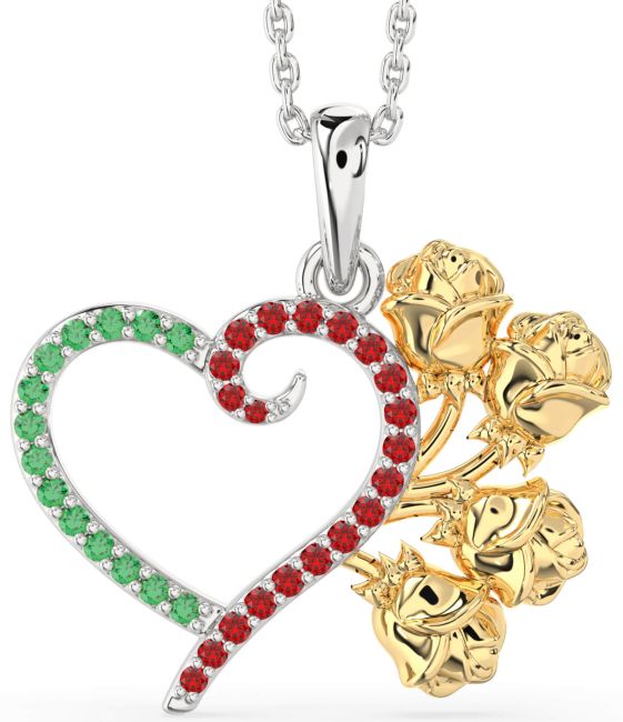 Large Emerald & Ruby Gold Silver Heart Flower Necklace