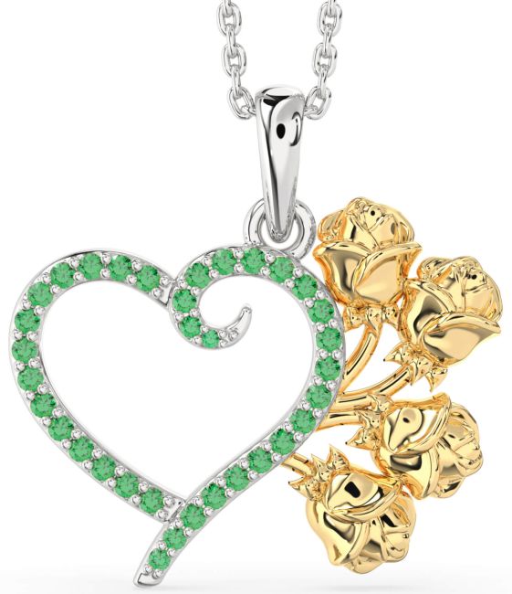 Large Emerald Gold Silver Heart Flower Necklace