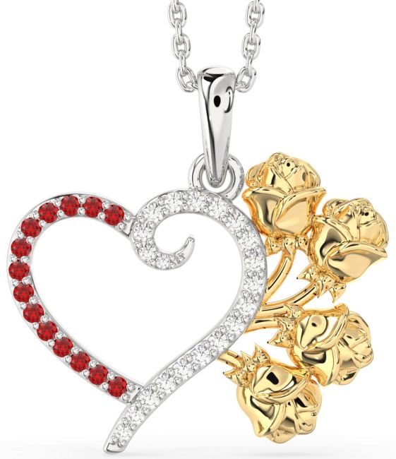 Large Diamond & Ruby Gold Silver Heart Flower Necklace