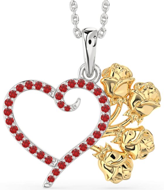 Large Ruby Gold Silver Heart Flower Necklace