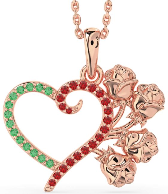 Large Emerald & Ruby Rose Gold Heart Flower Necklace