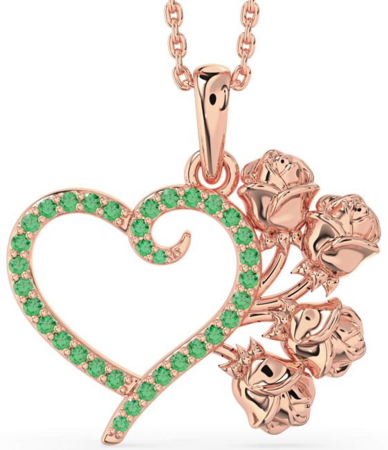 Large Emerald Rose Gold Heart Flower Necklace