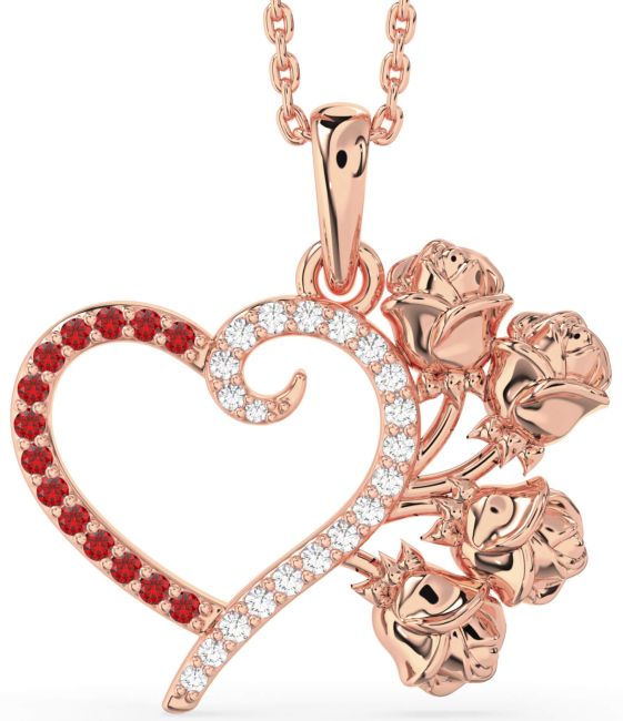 Large Diamond & Ruby Rose Gold Heart Flower Necklace