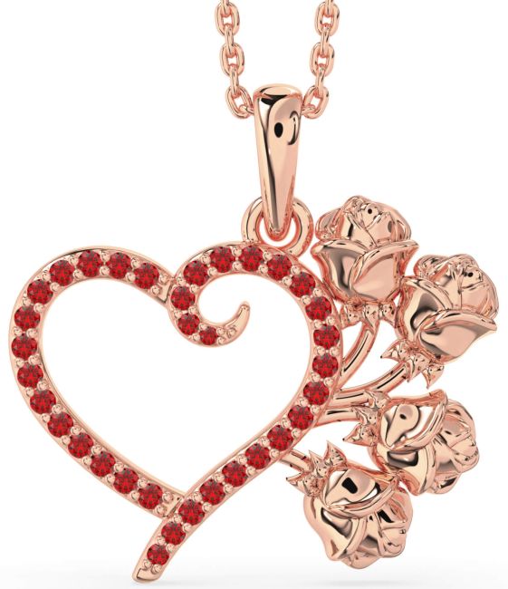 Large Ruby Rose Gold Heart Flower Necklace