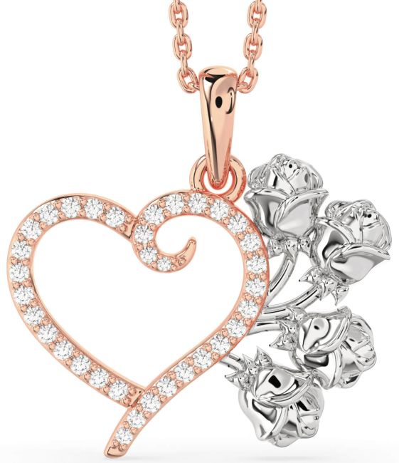 Large Diamond Platinum & Rose Gold Heart Flower Necklace