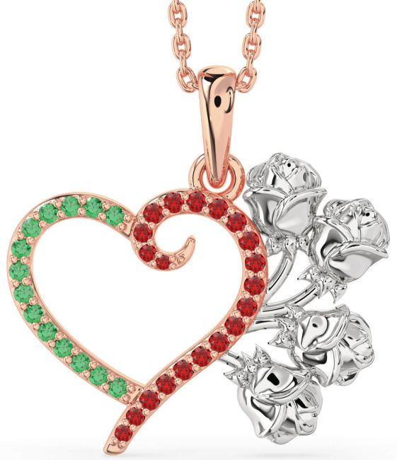 Large Emerald & Ruby Rose Gold Silver Heart Flower Necklace