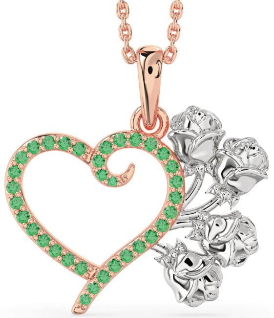 Large Emerald Rose Gold Silver Heart Flower Necklace