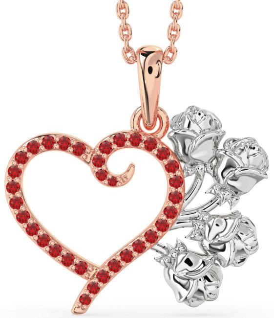 Large Ruby Rose Gold Silver Heart Flower Necklace