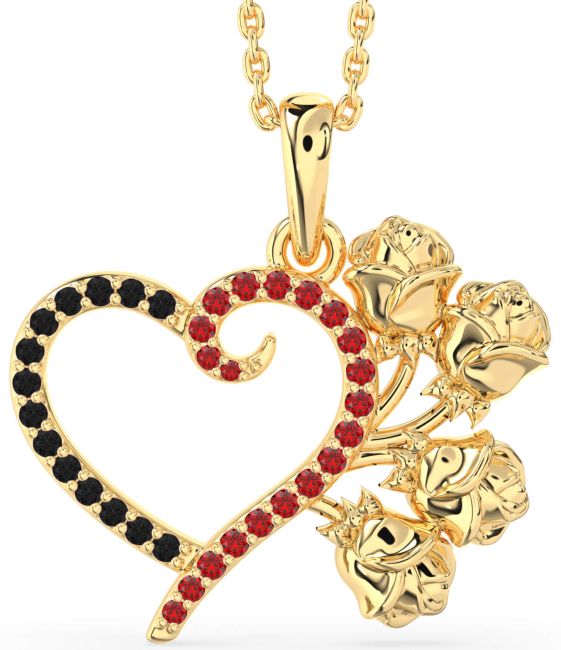 Large Black Diamond & Ruby Gold Heart Flower Necklace