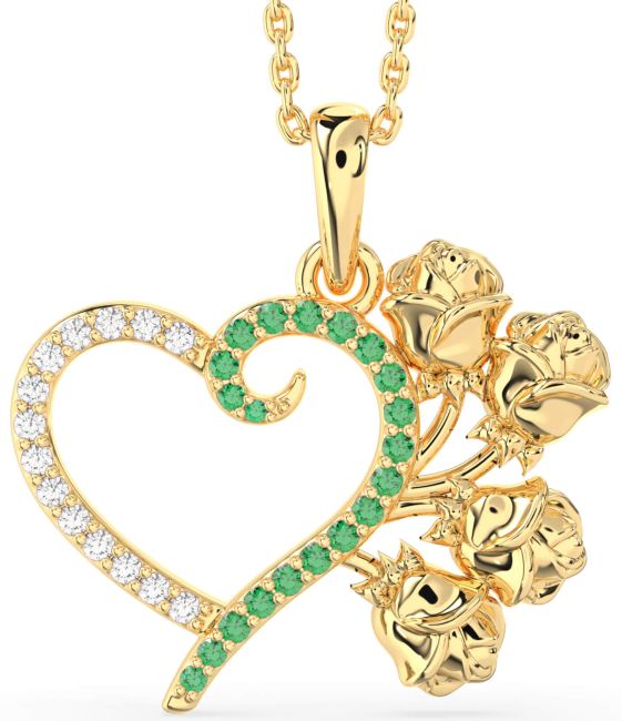 Large Emerald & Diamond Gold Heart Flower Necklace