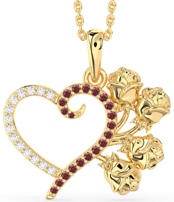 Large Diamond & Garnet Gold Silver Heart Flower Necklace