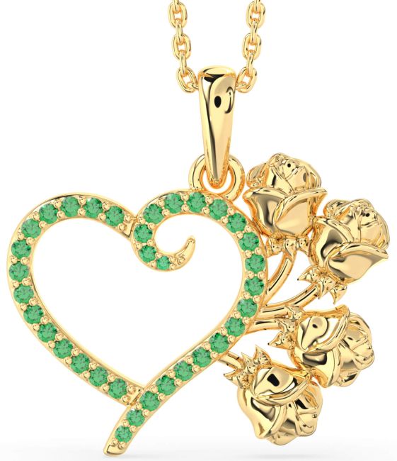Large Emerald Gold Heart Flower Necklace