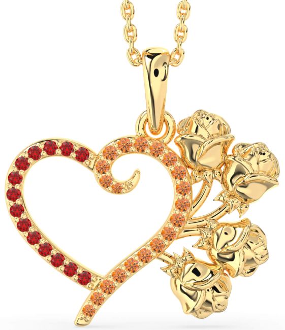 Large Ruby & Citrine Gold Heart Flower Necklace