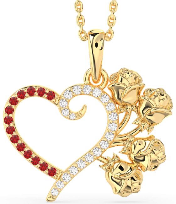 Large Diamond & Ruby Gold Heart Flower Necklace