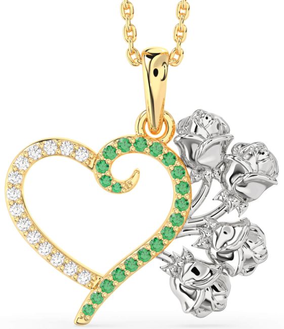 Large Emerald & Diamond Gold Silver Heart Flower Necklace