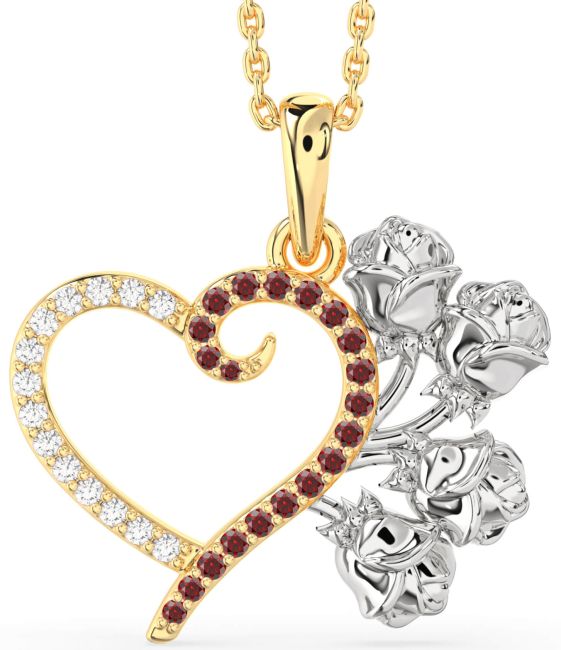 Large Diamond & Garnet White Yellow Gold Heart Flower Necklace