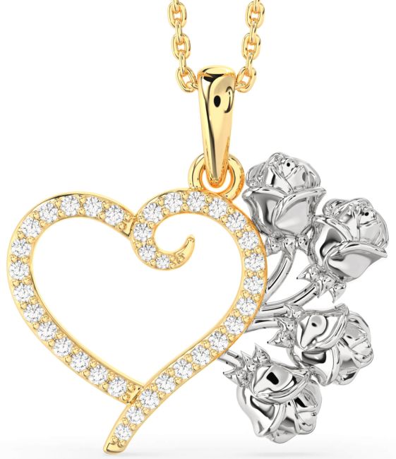 Large Diamond Platinum & Yellow Gold Heart Flower Necklace