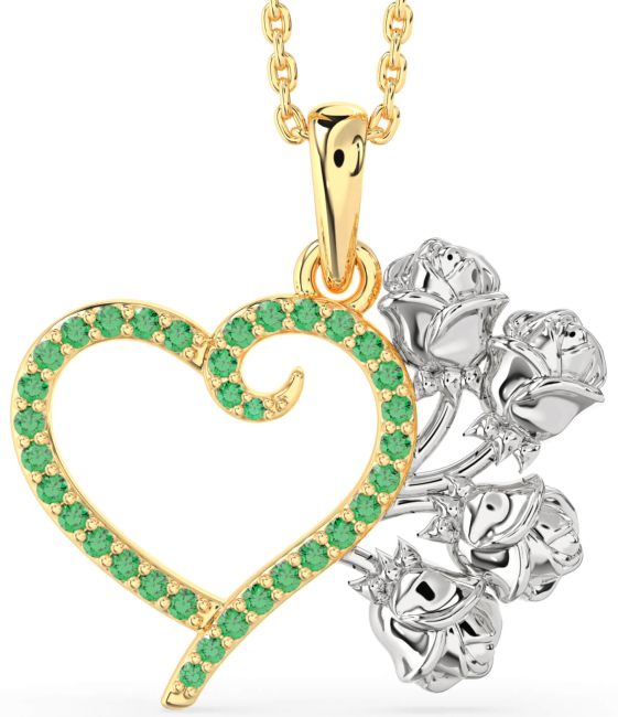 Large Emerald Gold Silver Heart Flower Necklace