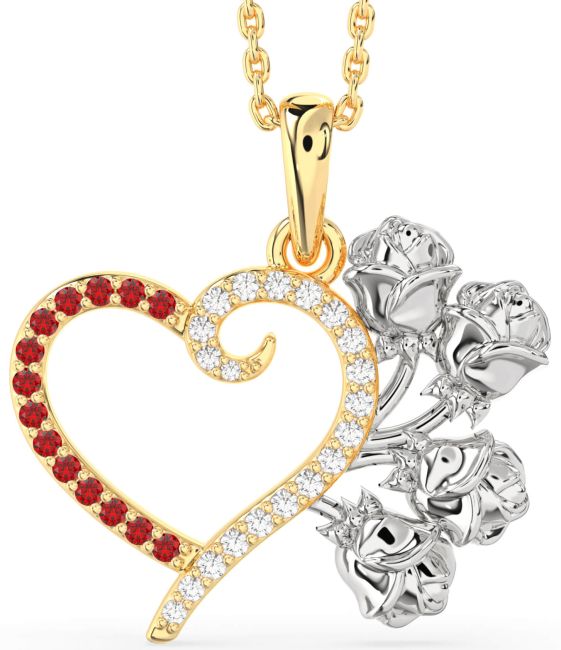 Large Diamond & Ruby Gold Silver Heart Flower Necklace