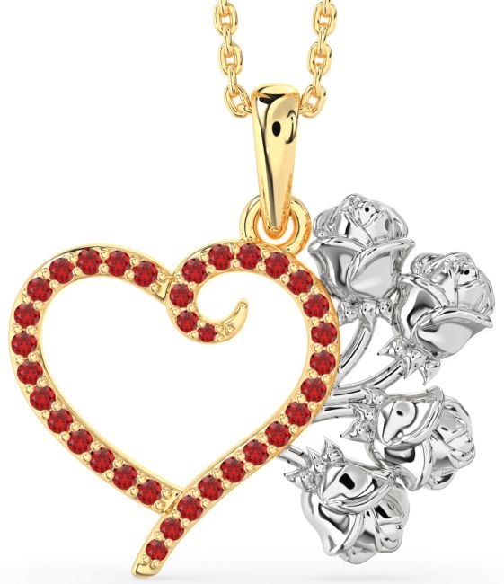 Large Ruby Gold Silver Heart Flower Necklace