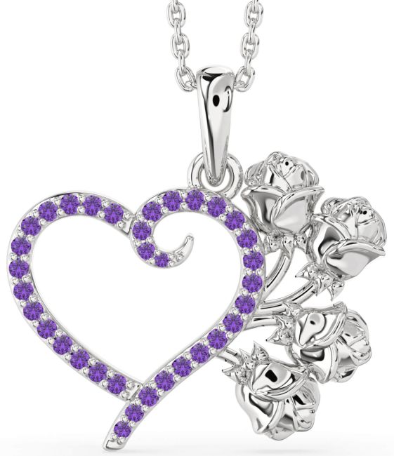 Large Amethyst Silver Heart Flower Necklace