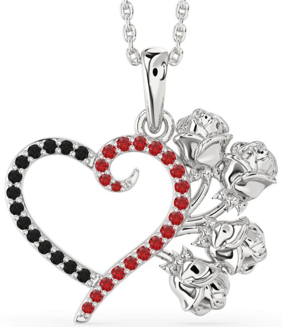 Large Black Diamond & Ruby Silver Heart Flower Necklace