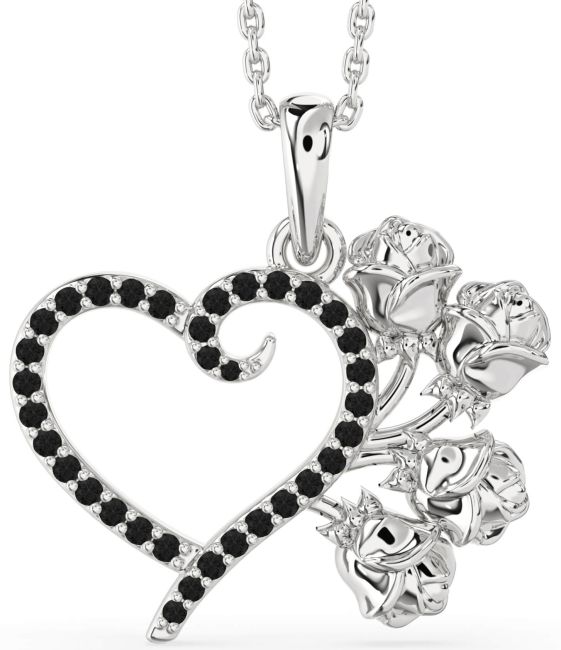 Large Black Diamond Silver Heart Flower Necklace
