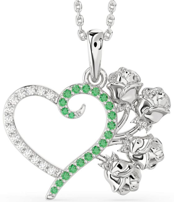 Large Emerald & Diamond Silver Heart Flower Necklace