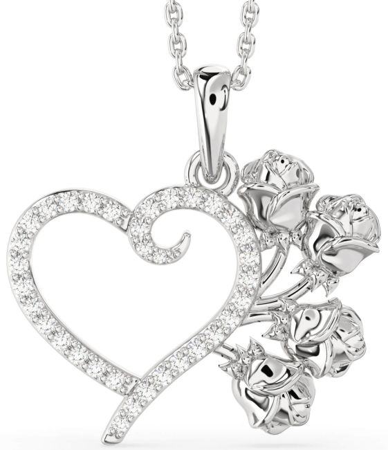 Large Diamond Silver Heart Flower Necklace