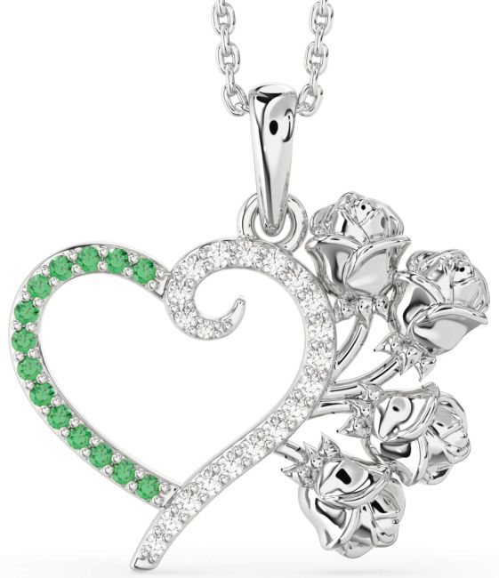 Large Diamond & Emerald Platinum Heart Flower Necklace
