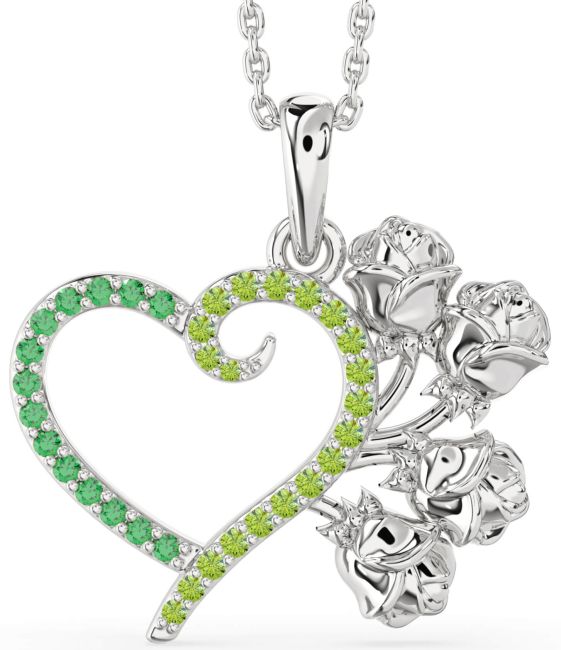 Large Emerald & Peridot Silver Heart Flower Necklace