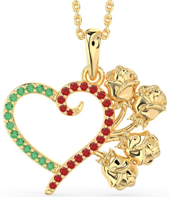 Large Emerald & Ruby Silver Heart Flower Necklace
