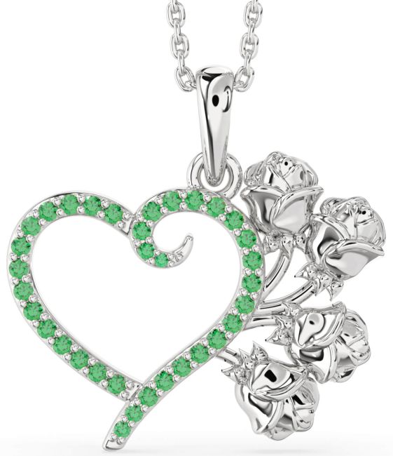 Large Emerald Platinum Heart Flower Necklace