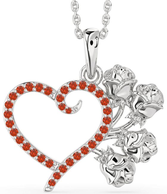 Large Fire Opal Platinum Heart Flower Necklace