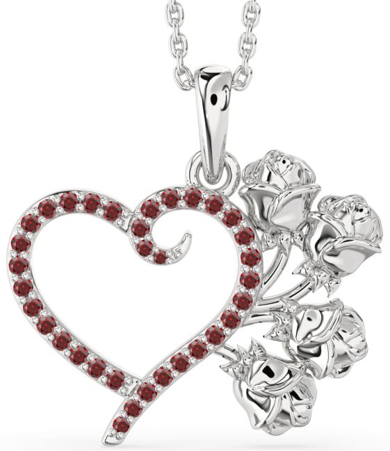 Large Garnet Silver Heart Flower Necklace