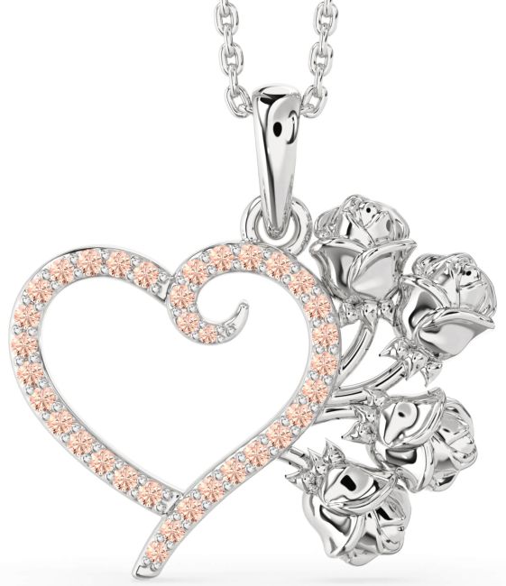 Large Morganite Silver Heart Flower Necklace