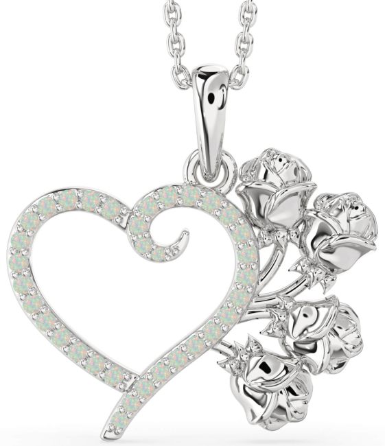 Large Opal Silver Heart Flower Necklace