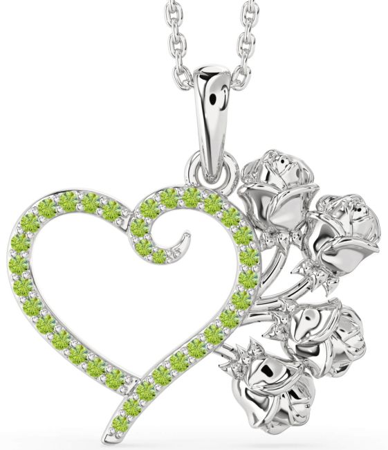Large Peridot Silver Heart Flower Necklace
