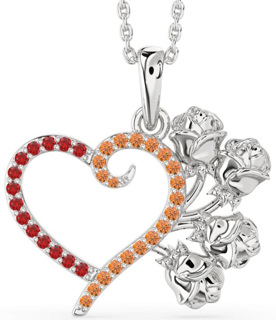 Large Ruby & Citrine Silver Heart Flower Necklace
