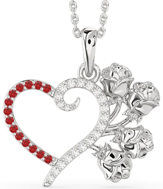 Large Diamond & Ruby Silver Heart Flower Necklace