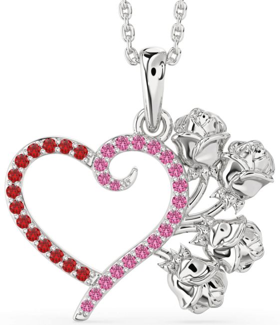 Large Ruby & Pink Sapphire Silver Heart Flower Necklace