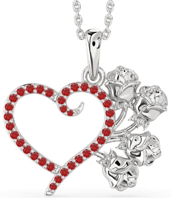 Large Ruby Silver Heart Flower Necklace