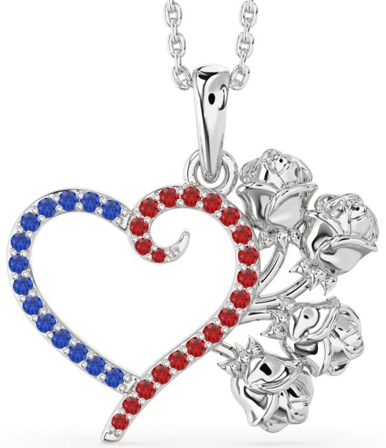 Large Blue Sapphire & Ruby Silver Heart Flower Necklace