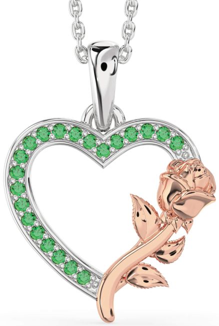Emerald Rose Gold Silver Heart Flower Necklace