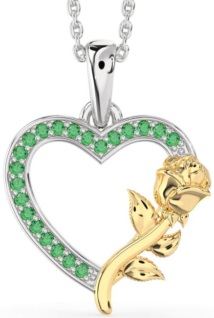 Emerald Gold Silver Heart Flower Necklace